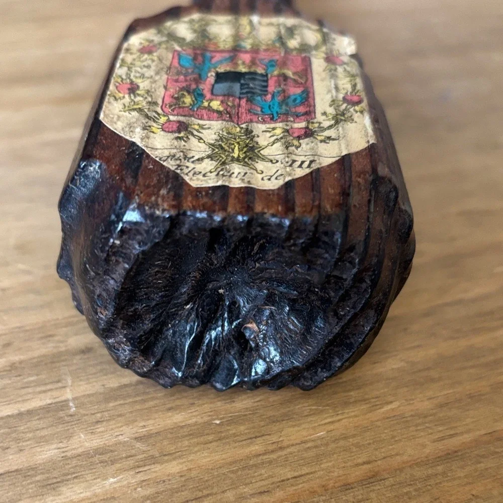 Vintage Wooden Hand Carved Bottle Taper Candle Holder w/Crest Accent 5.85